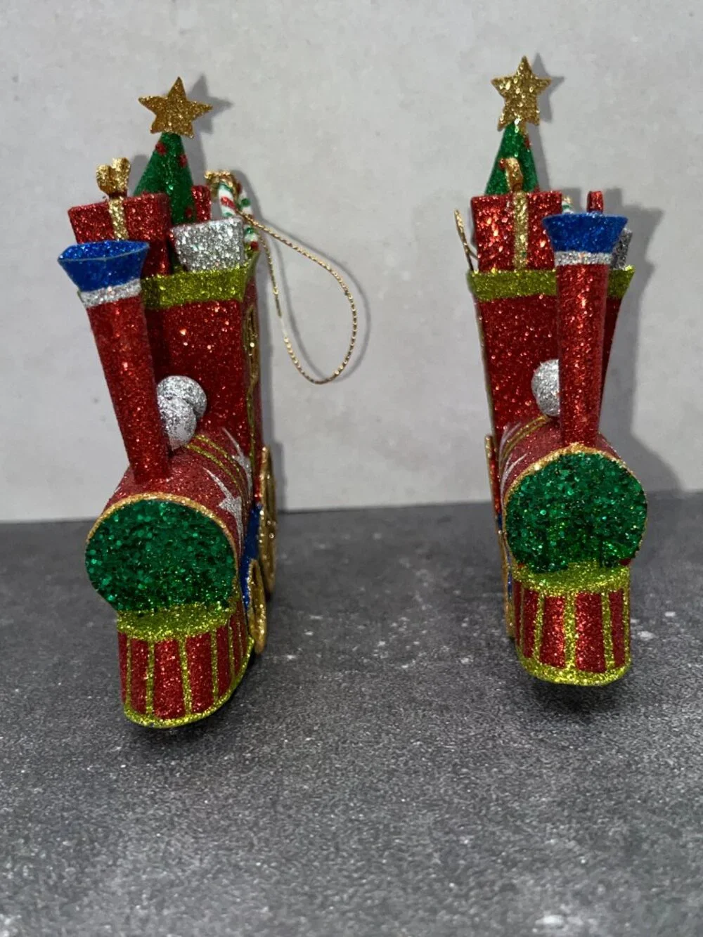 Vintage Pier One Pier 1 Metal Glitter Christmas Train Ornaments Red Green Blue